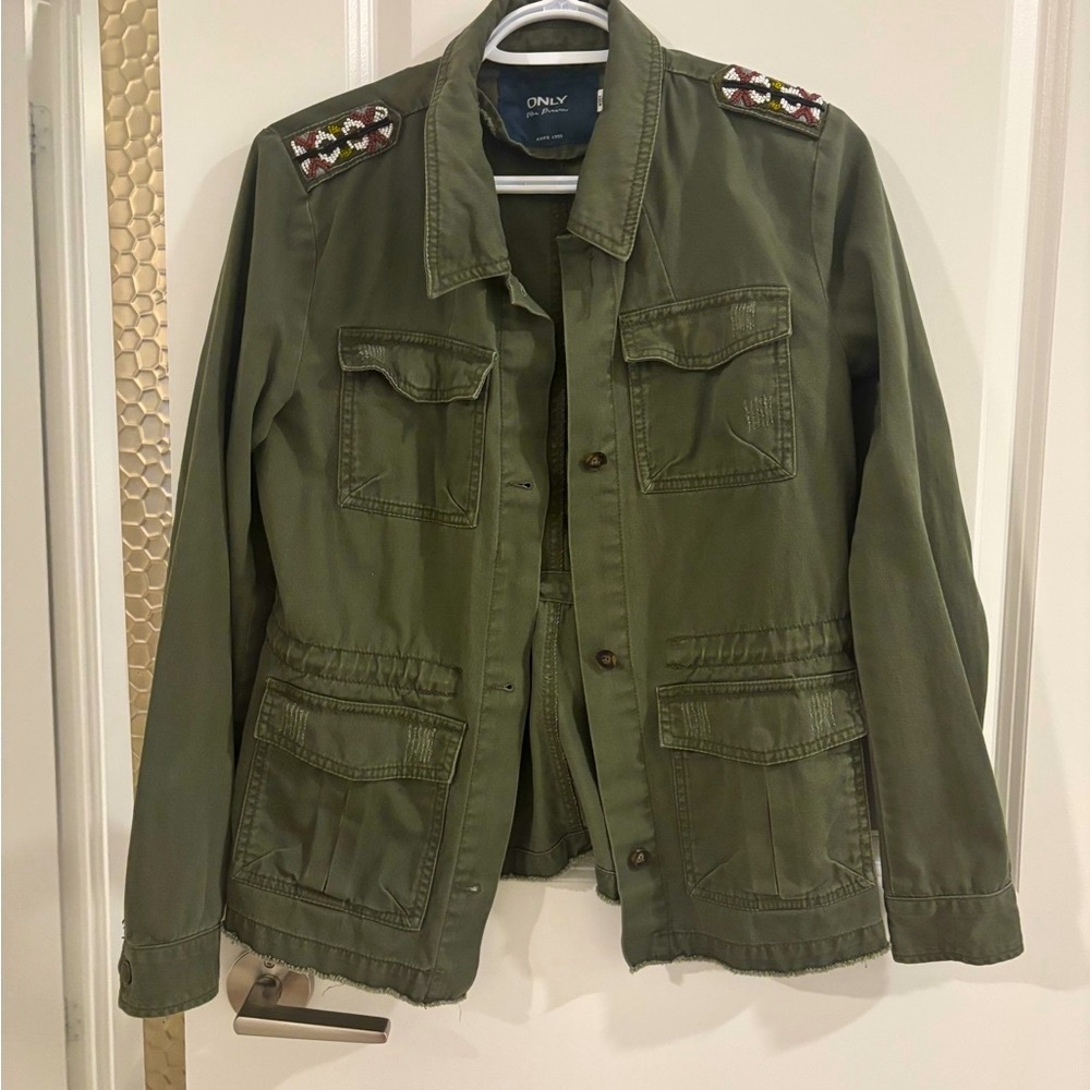 ONLY Women's Olive Jean Jacket with Embroidered Accents